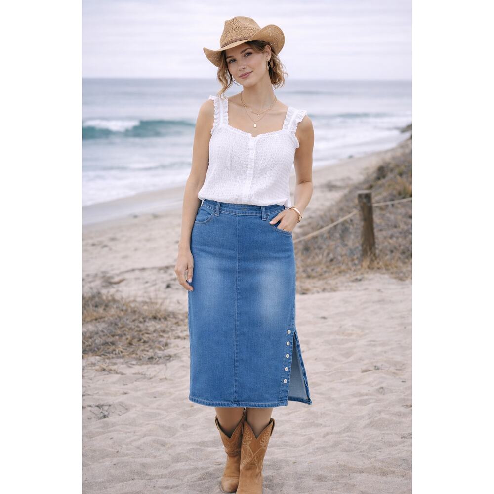 Denim Midi Skirt Size Large (32-35" Waist) Button Side Slit Floral Lining Boho